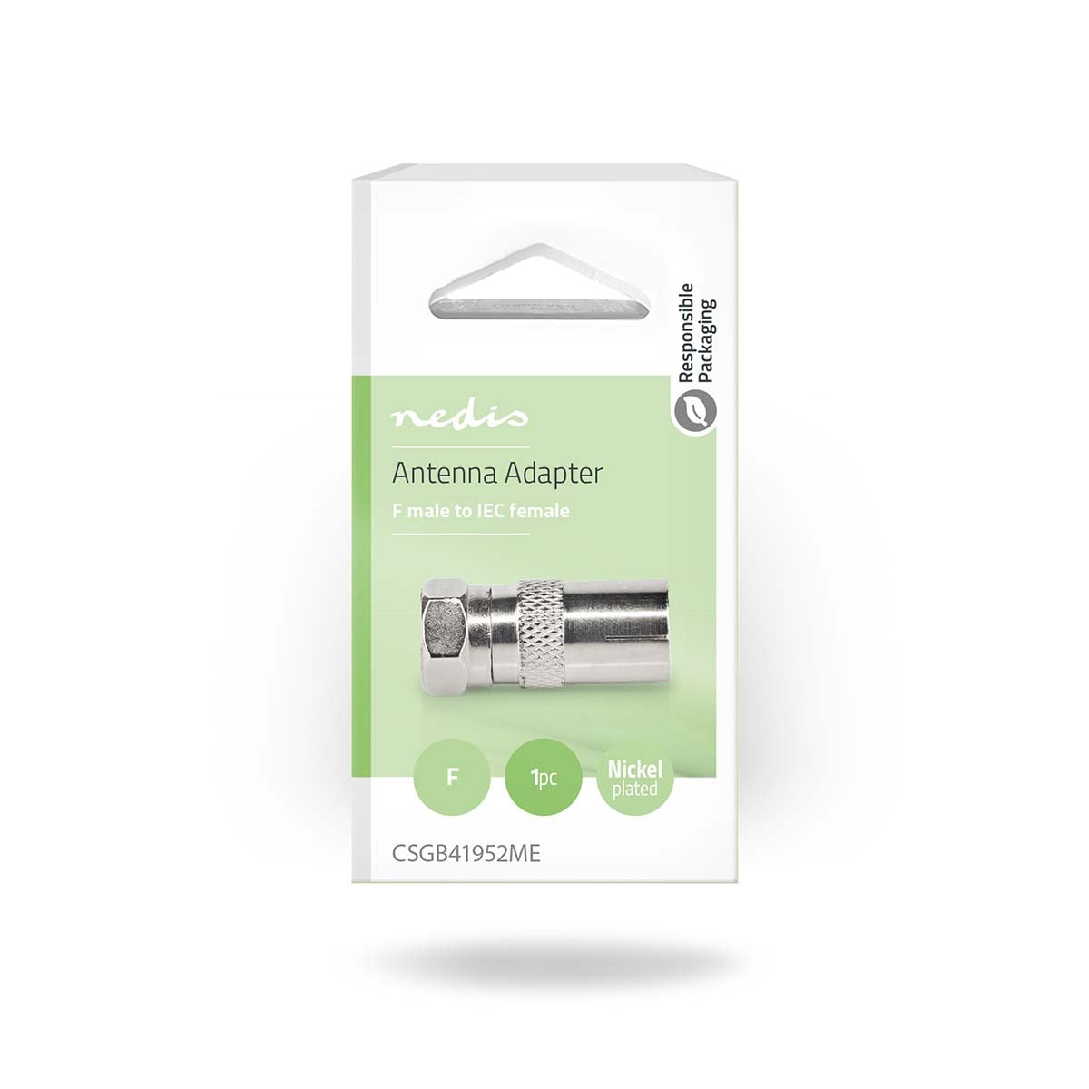 Satellite & Antenna Adapter | F Male | IEC (Coax) Female | Nickel Plated | 75 Ohm | Straight | Metal | Silver | 1 pc. | Box