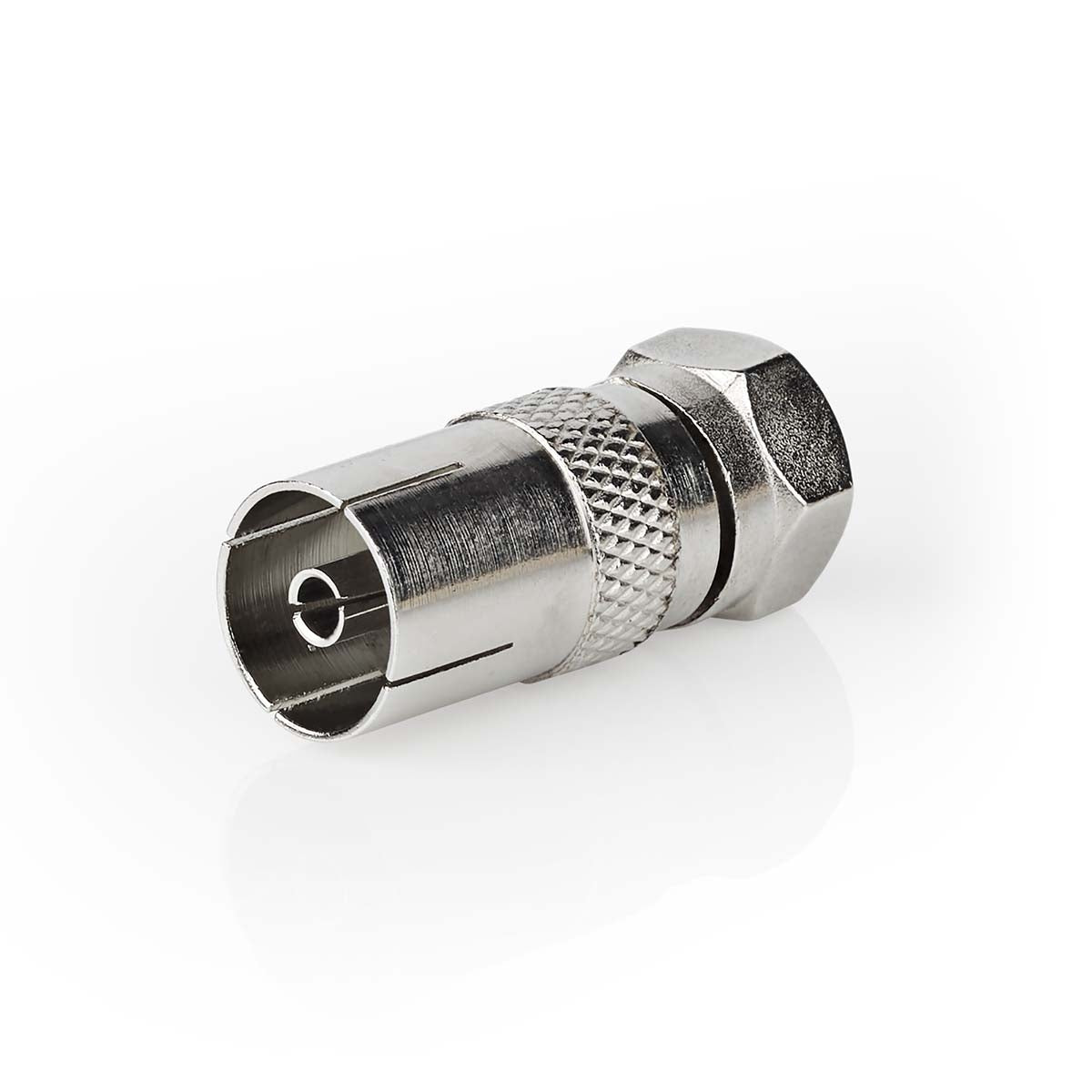 Satellite & Antenna Adapter | F Male | IEC (Coax) Female | Nickel Plated | 75 Ohm | Straight | Metal | Silver | 1 pc. | Box
