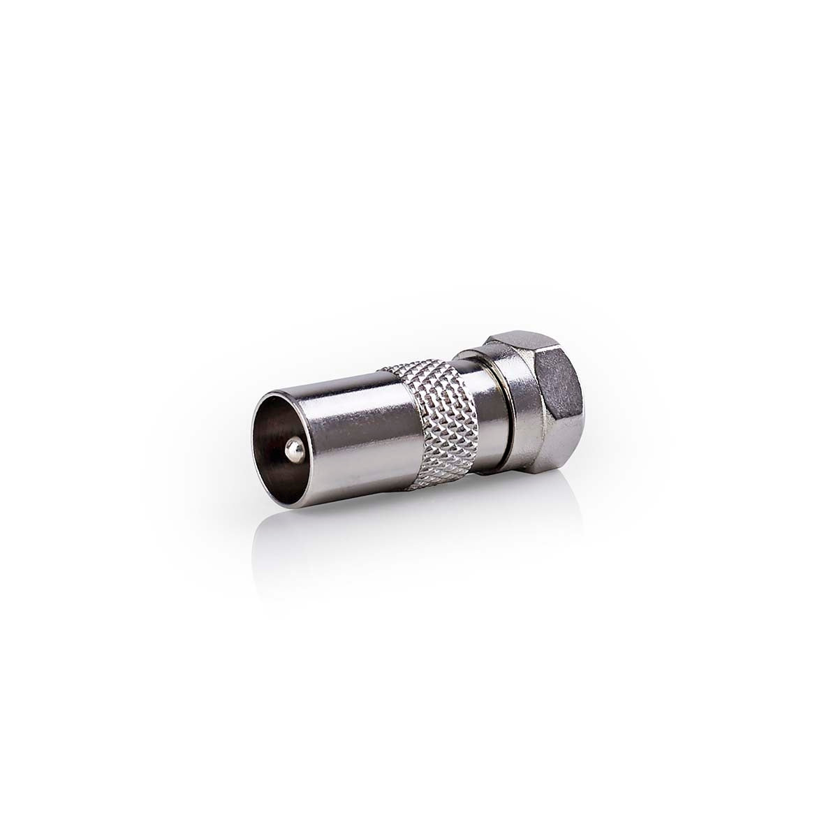 Satellite & Antenna Adapter | F Male | IEC (Coax) Male | Nickel Plated | 75 Ohm | Straight | Metal | Silver | 1 pc. | Box