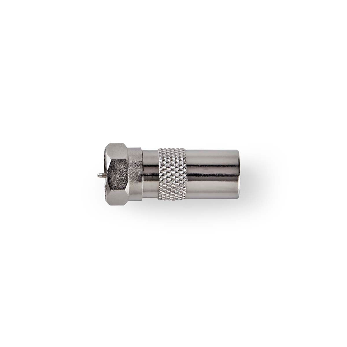 Satellite & Antenna Adapter | F Male | IEC (Coax) Male | Nickel Plated | 75 Ohm | Straight | Metal | Silver | 1 pc. | Box