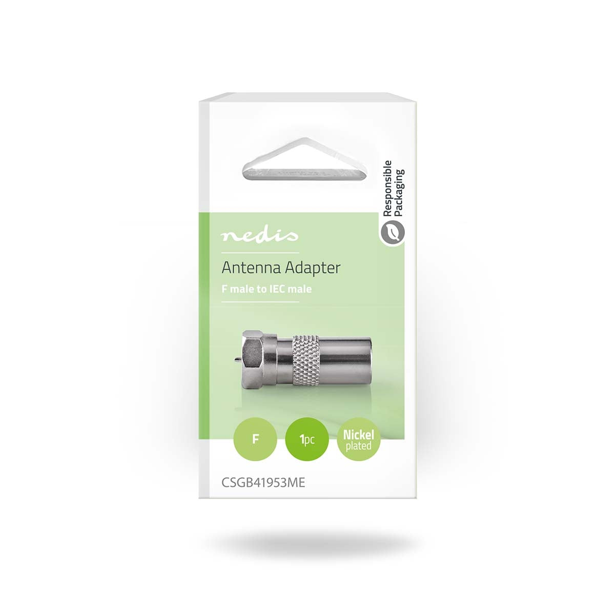 Satellite & Antenna Adapter | F Male | IEC (Coax) Male | Nickel Plated | 75 Ohm | Straight | Metal | Silver | 1 pc. | Box