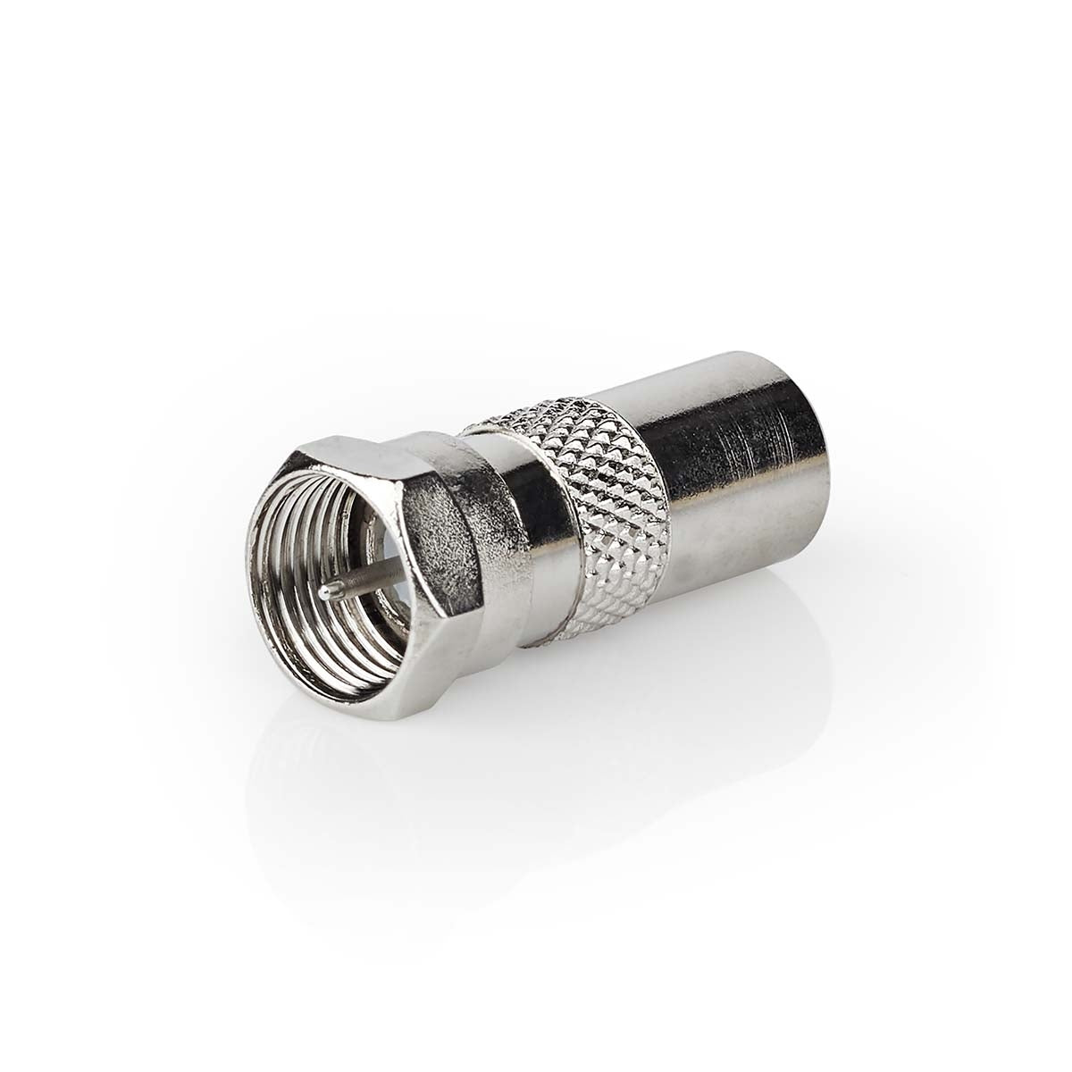 Satellite & Antenna Adapter | F Male | IEC (Coax) Male | Nickel Plated | 75 Ohm | Straight | Metal | Silver | 1 pc. | Cardboard box with window