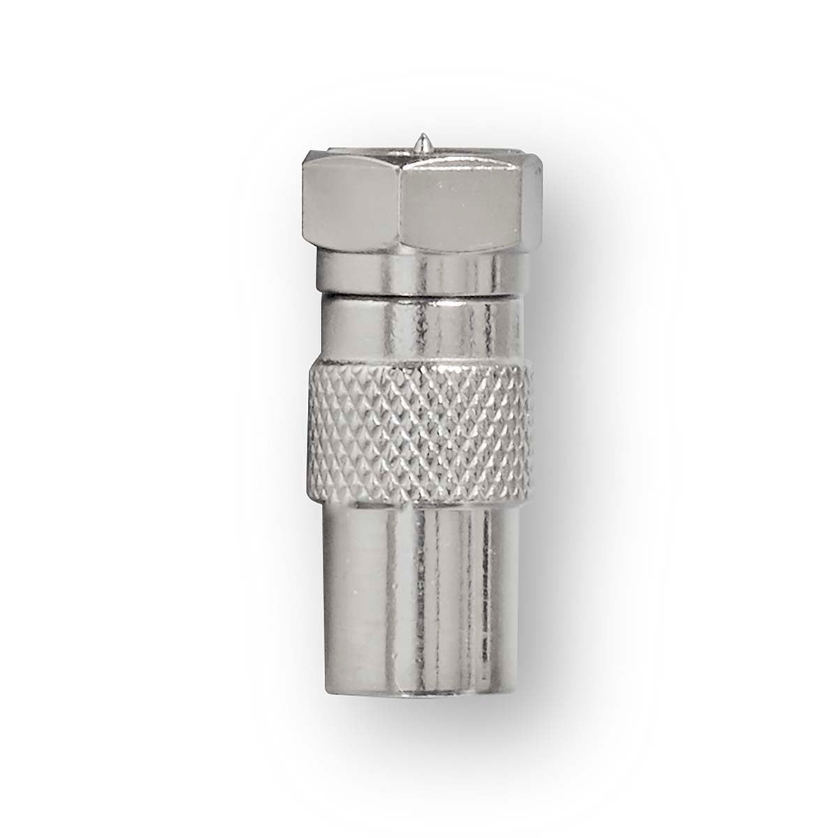 Satellite & Antenna Adapter | F Male | IEC (Coax) Male | Nickel Plated | 75 Ohm | Straight | Metal | Silver | 1 pc. | Cardboard box with window