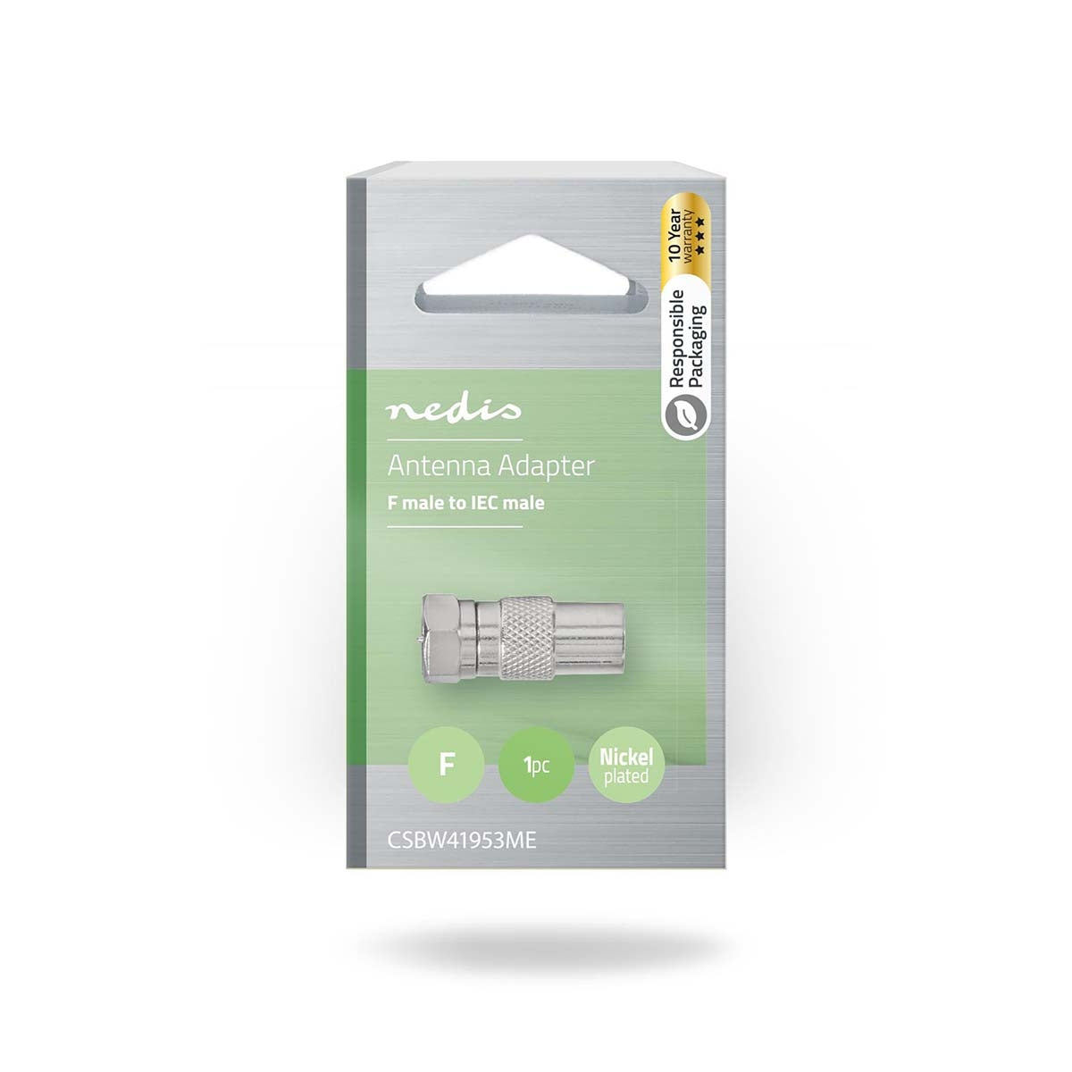 Satellite & Antenna Adapter | F Male | IEC (Coax) Male | Nickel Plated | 75 Ohm | Straight | Metal | Silver | 1 pc. | Cardboard box with window