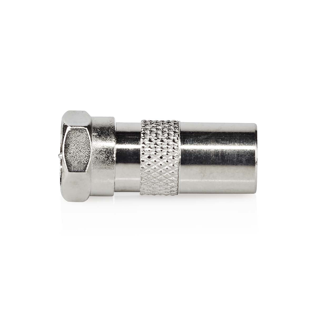 Satellite & Antenna Adapter | F Male | IEC (Coax) Male | Nickel Plated | 75 Ohm | Straight | Metal | Silver | 1 pc. | Cardboard box with window