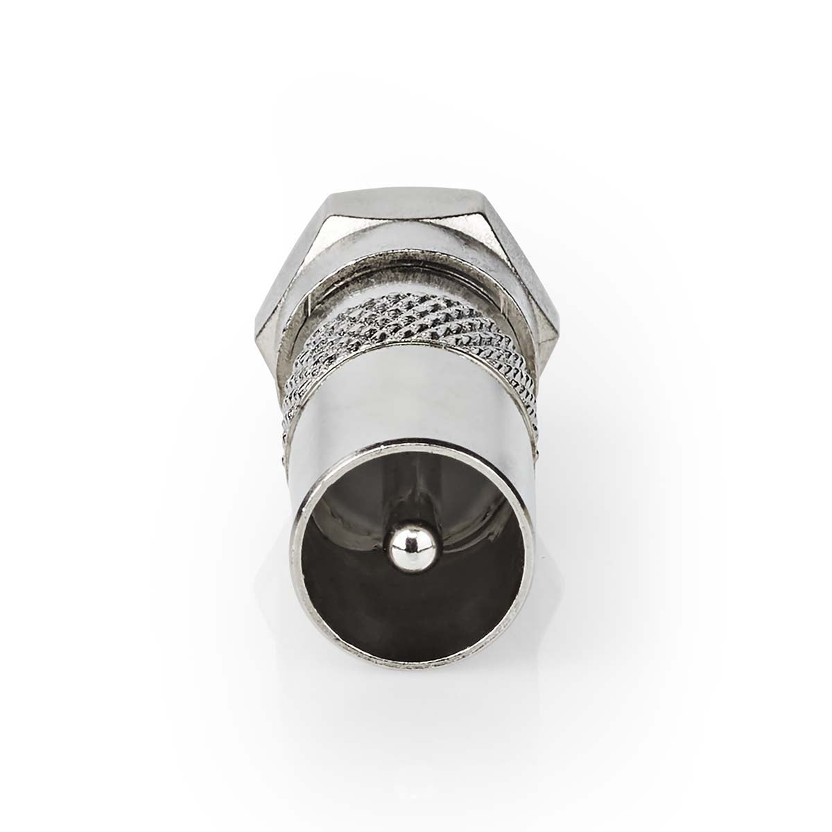 Satellite & Antenna Adapter | F Male | IEC (Coax) Male | Nickel Plated | 75 Ohm | Straight | Metal | Silver | 1 pc. | Cardboard box with window