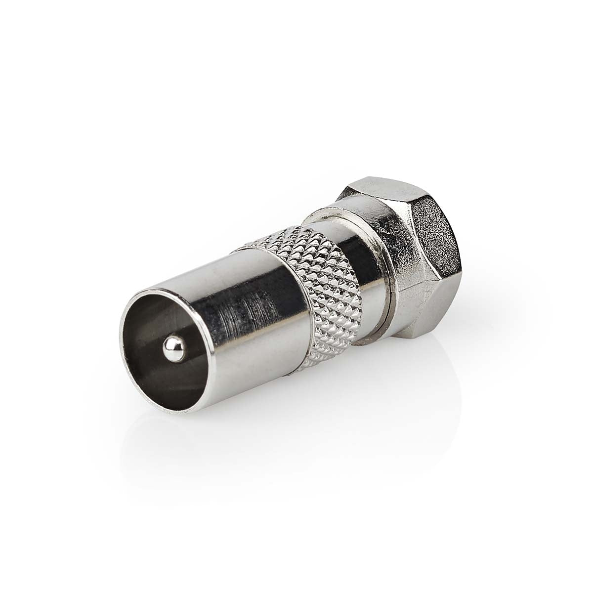 Satellite & Antenna Adapter | F Male | IEC (Coax) Male | Nickel Plated | 75 Ohm | Straight | Metal | Silver | 1 pc. | Cardboard box with window