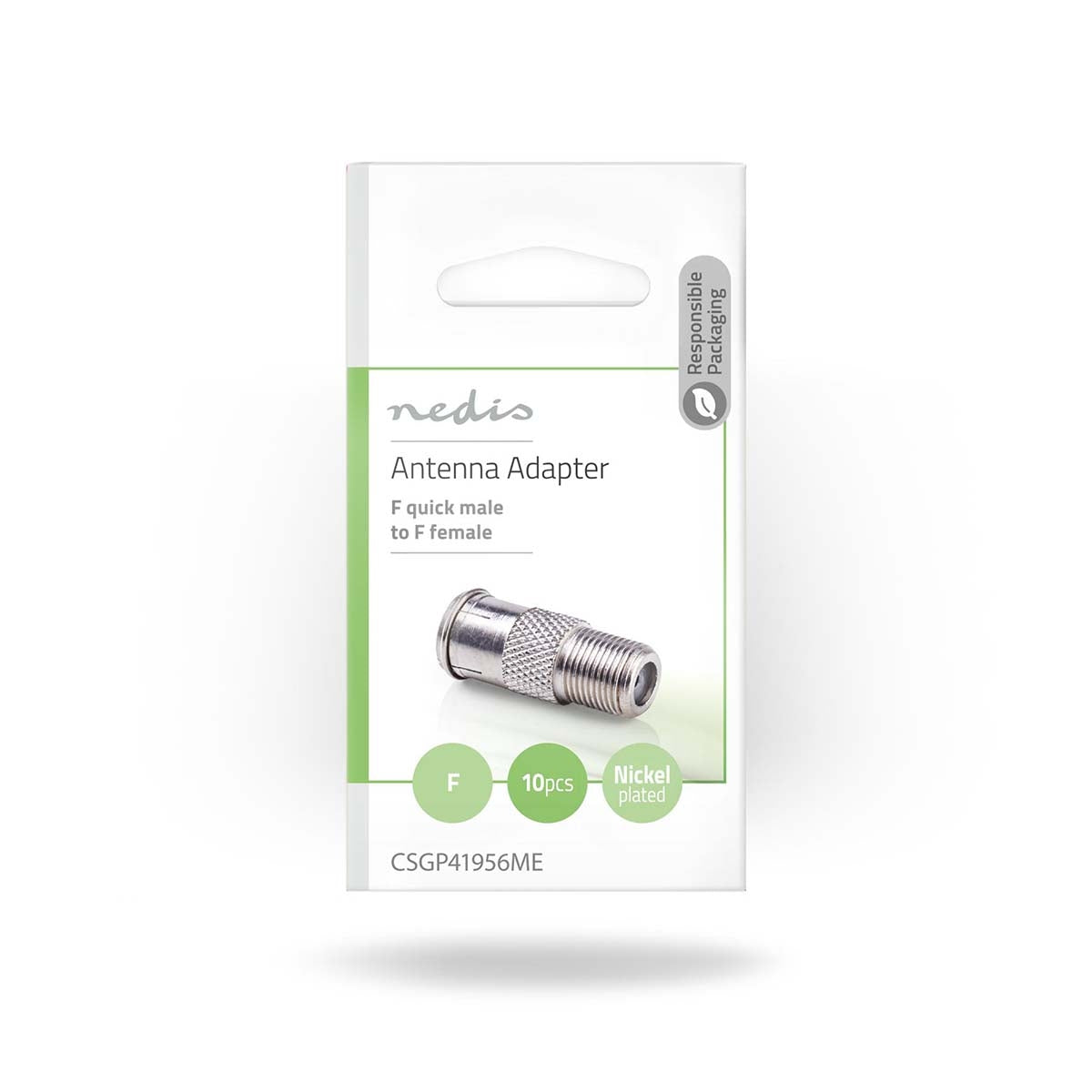 Satellite & Antenna Adapter | F Male Quick | F Female | Nickel Plated | 75 Ohm | Straight | Metal | Silver | 10 pieces. | Envelope