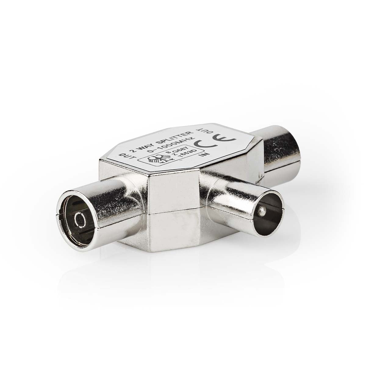 Satellite & Antenna Adapter | IEC (Coax) Male | 2x Coax Female | Nickel Plated | 75 Ohm | T-Splitter | Metal | Silver | 1 pc. | Box