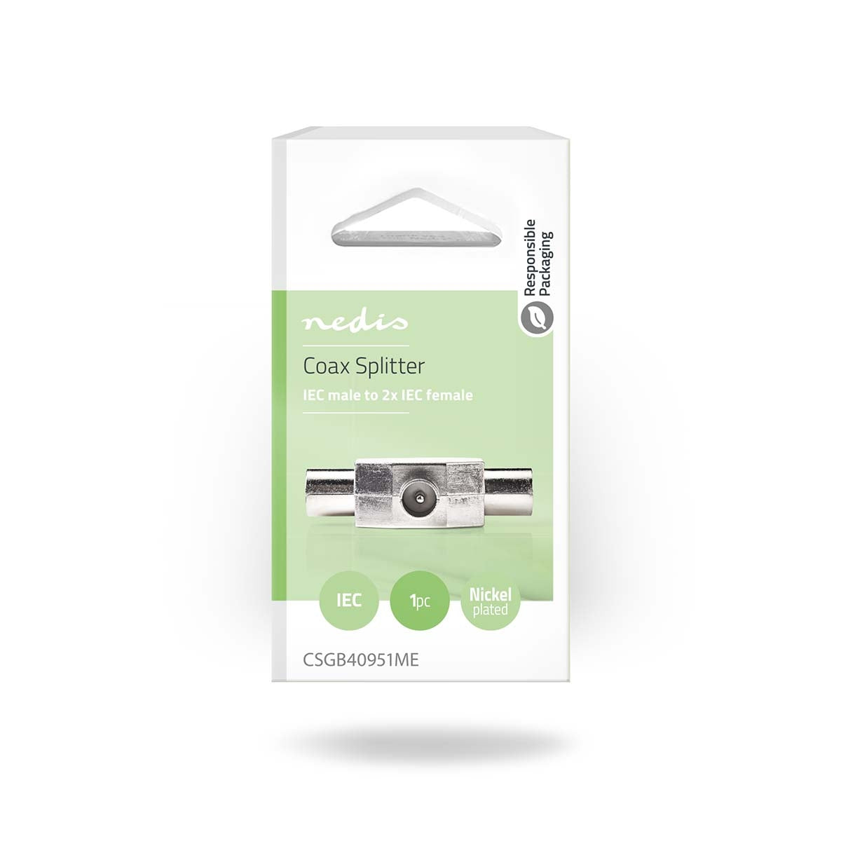 Satellite & Antenna Adapter | IEC (Coax) Male | 2x Coax Female | Nickel Plated | 75 Ohm | T-Splitter | Metal | Silver | 1 pc. | Box