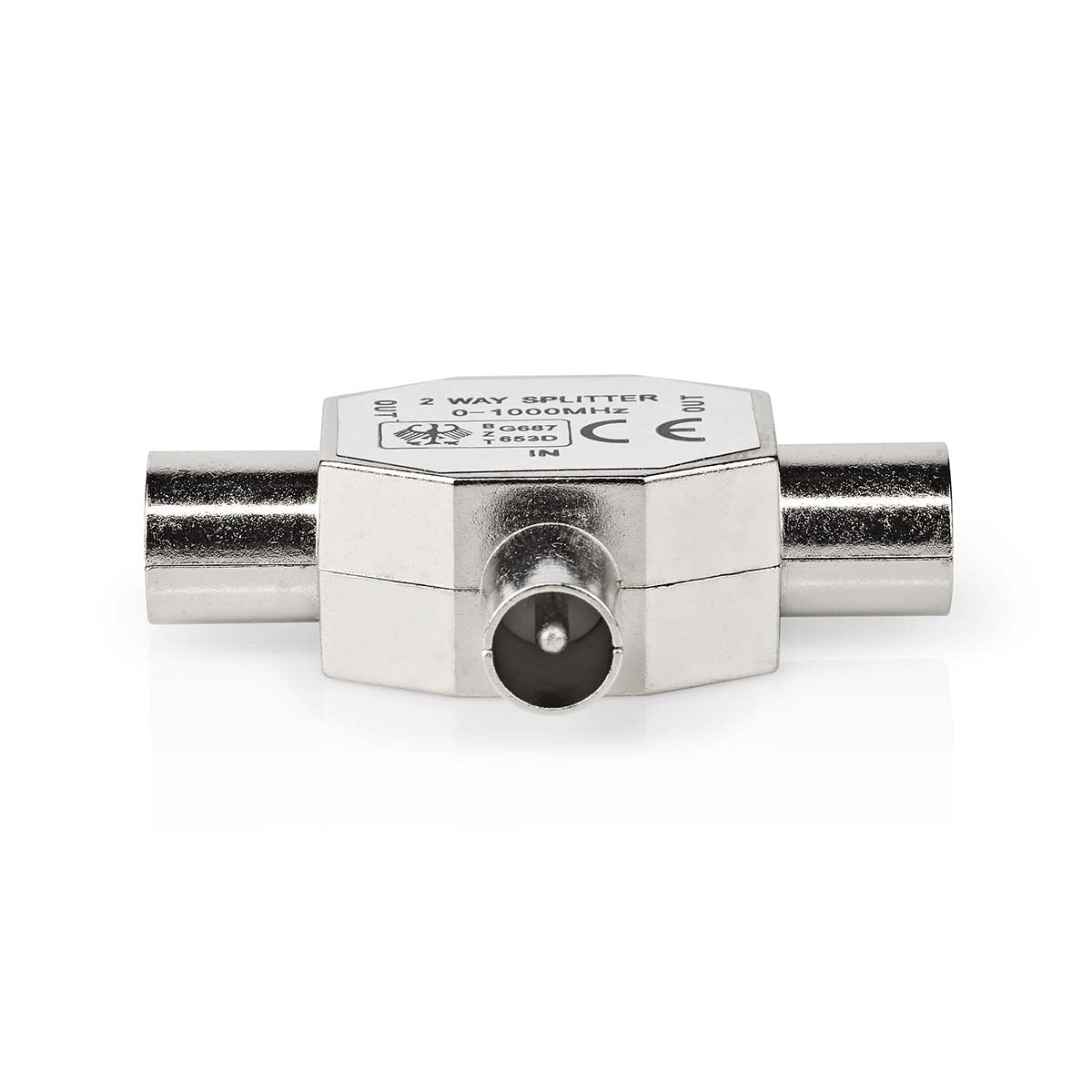 Satellite & Antenna Adapter | IEC (Coax) Male | 2x Coax Female | Nickel Plated | 75 Ohm | T-Splitter | Metal | Silver | 1 pc. | Box