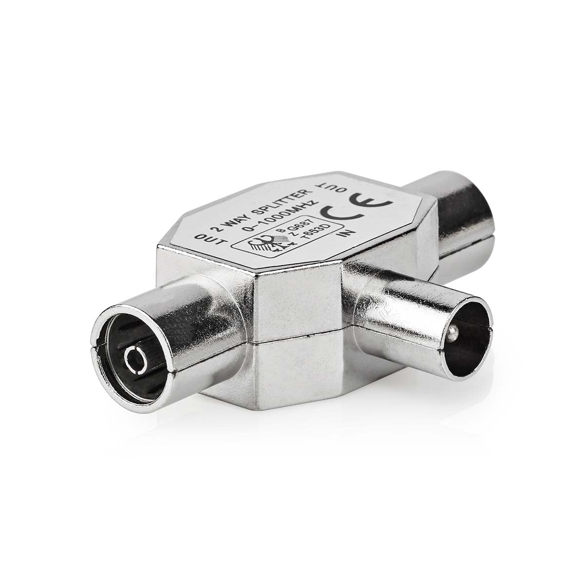 Satellite & Antenna Adapter | IEC (Coax) Male | 2x Coax Female | Nickel Plated | 75 Ohm | T-Splitter | Metal | Silver | 1 pc. | Envelope