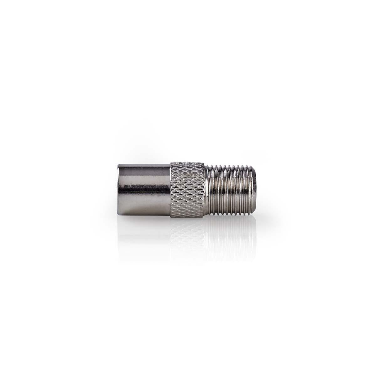 Satellite & Antenna Adapter | IEC (Coax) Male | F Female | Nickel Plated | 75 Ohm | Straight | Metal | Silver | 1 pc. | Box