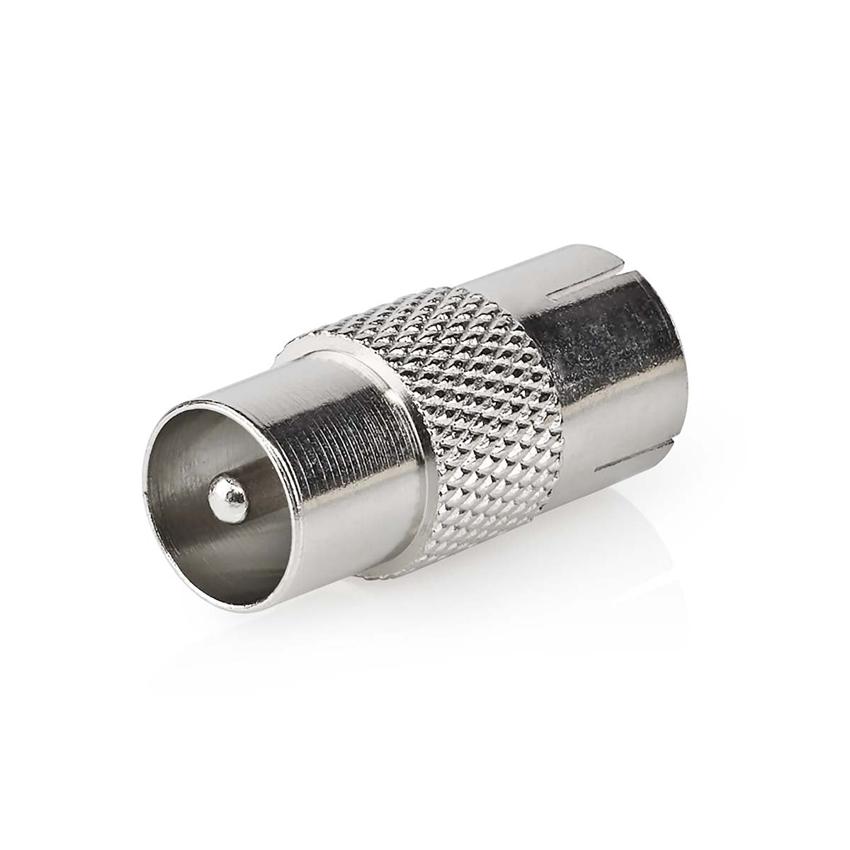 Satellite & Antenna Adapter | IEC (Coax) Male | IEC (Coax) Female | Nickel Plated | 75 Ohm | Straight | Metal | Silver | 1 pc. | Envelope