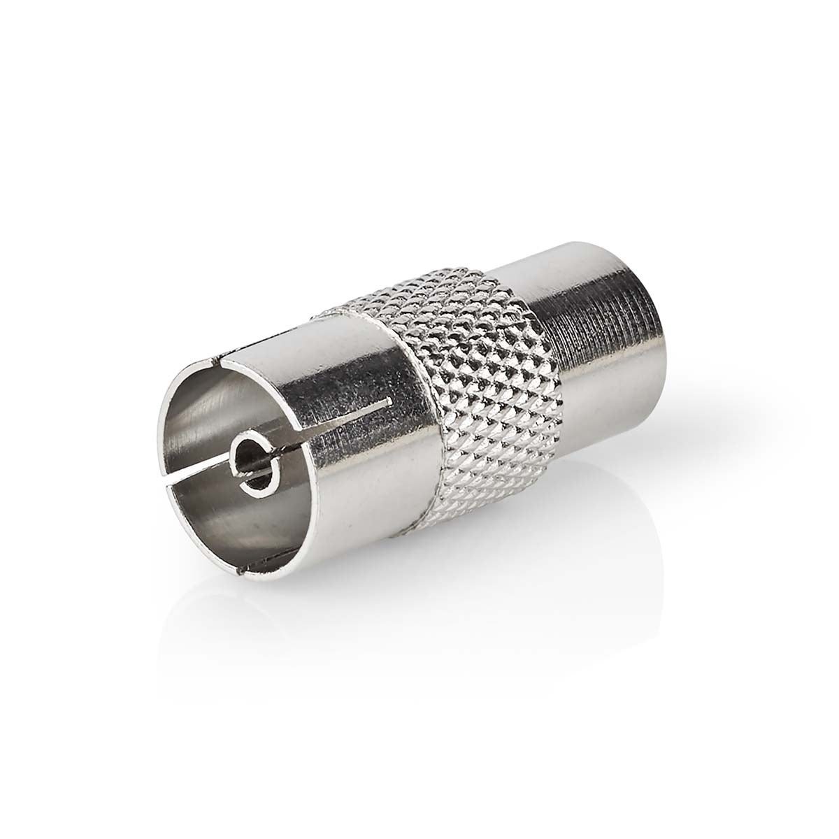 Satellite & Antenna Adapter | IEC (Coax) Male | IEC (Coax) Female | Nickel Plated | 75 Ohm | Straight | Metal | Silver | 1 pc. | Envelope