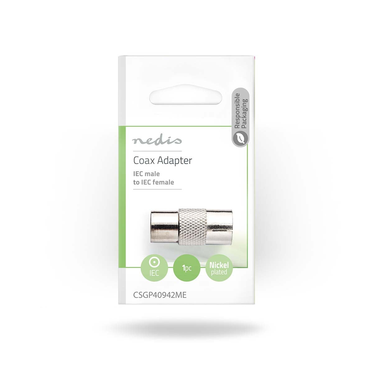 Satellite & Antenna Adapter | IEC (Coax) Male | IEC (Coax) Female | Nickel Plated | 75 Ohm | Straight | Metal | Silver | 1 pc. | Envelope