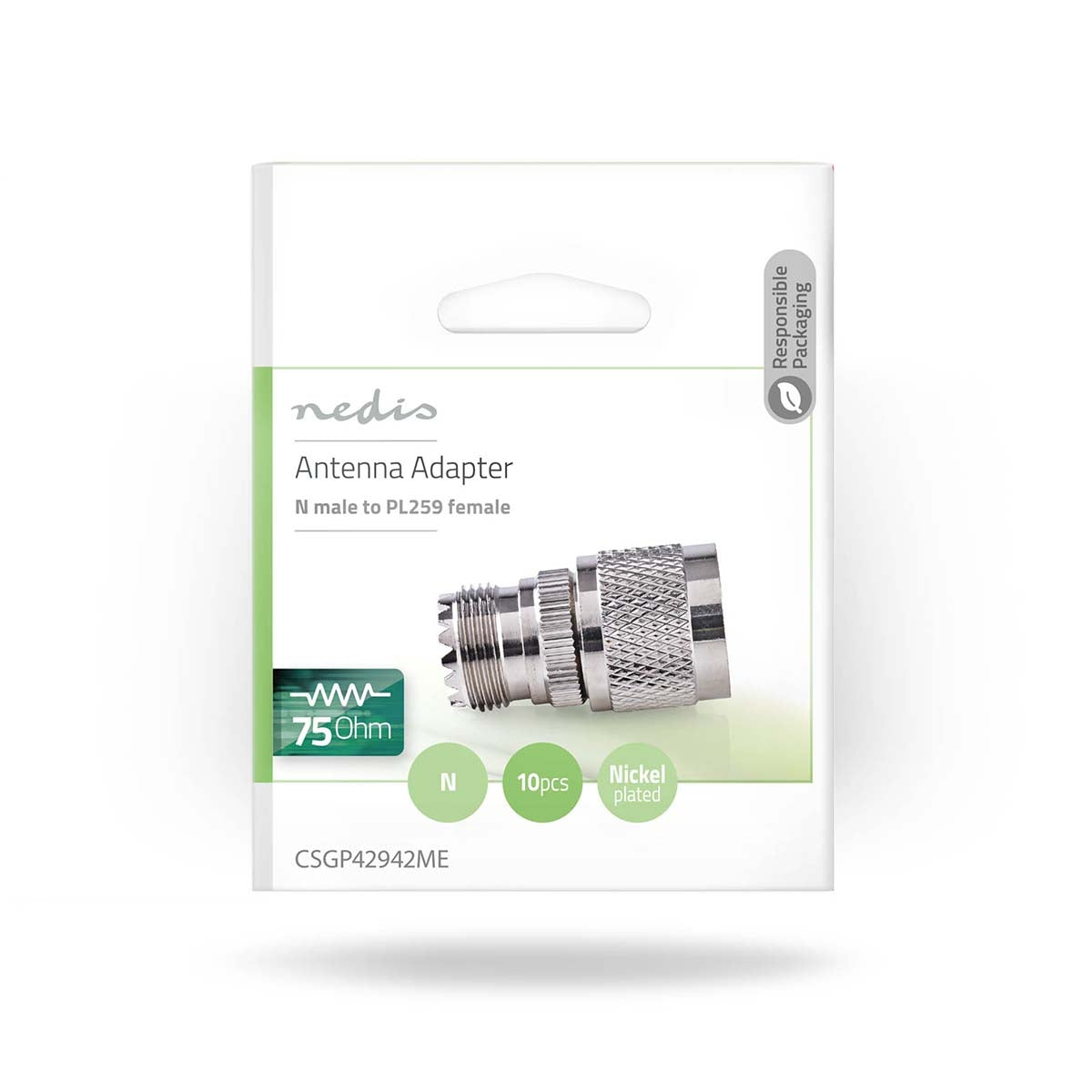 Satellite & Antenna Adapter | N Male | PL259 Female | Nickel Plated | 75 Ohm | Straight | Metal | Silver | 10 pieces. | Envelope