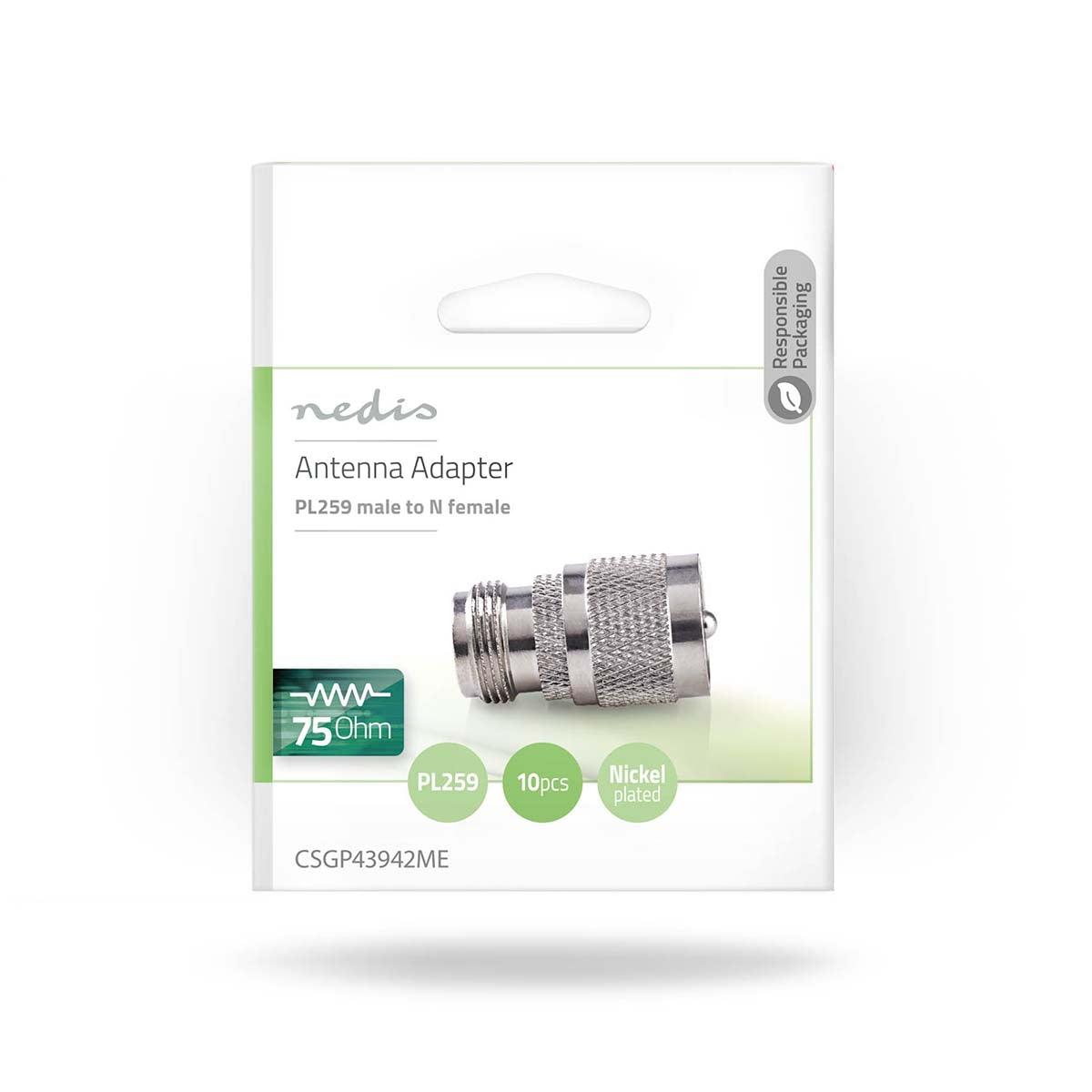 Satellite & Antenna Adapter | PL259 Male | N Female | Nickel Plated | 75 Ohm | Straight | Metal | Silver | 10 pieces. | Envelope