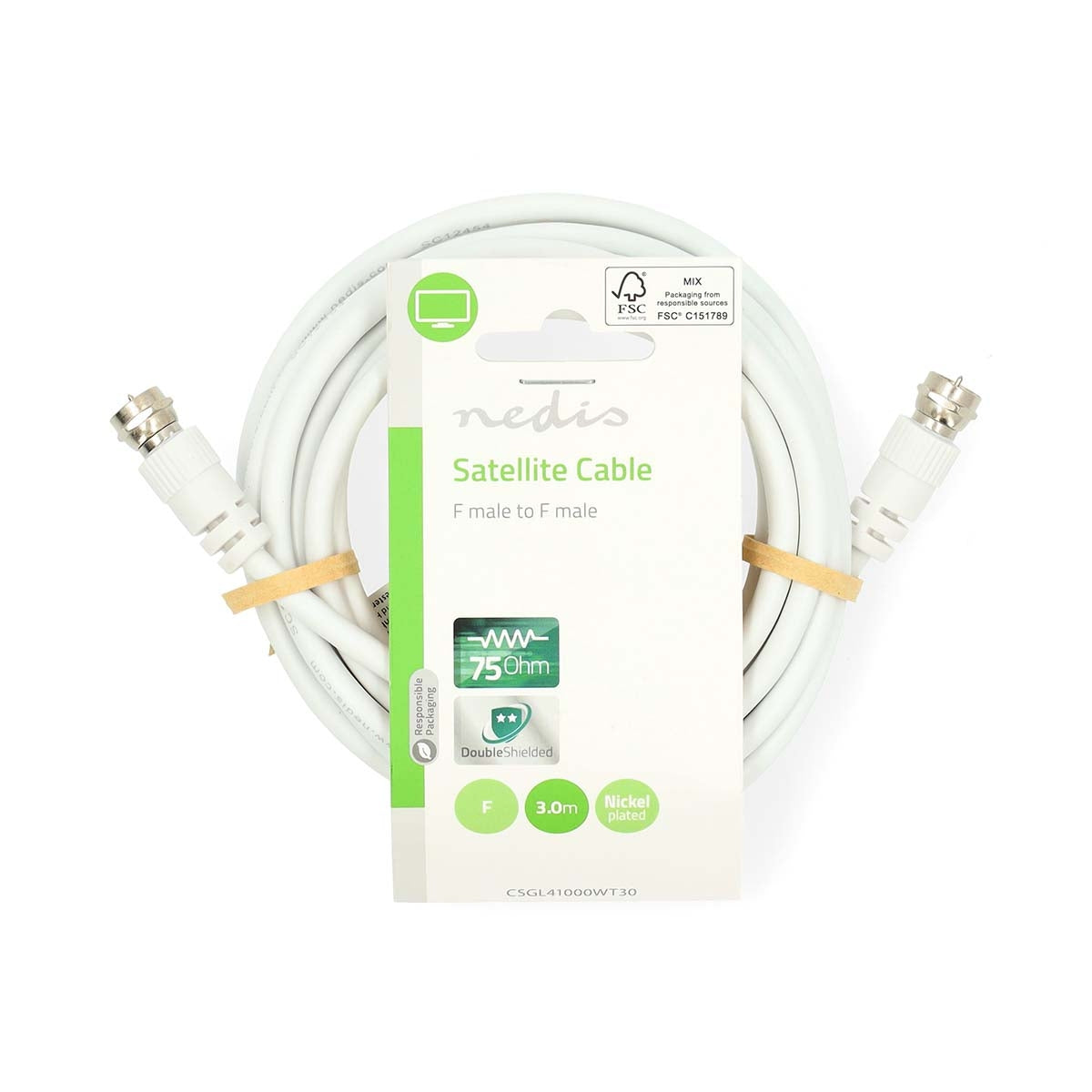 Satellite & Antenna Cable | F Male | F Male | Nickel Plated | 75 Ohm | Double Shielded | 3.00 m | Round | PVC | White | Label