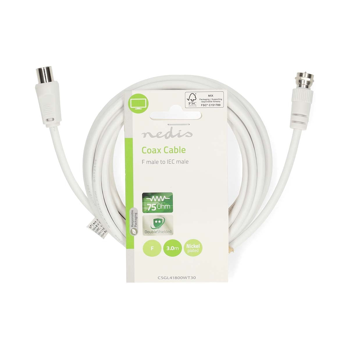 Satellite & Antenna Cable | F Male | IEC (Coax) Male | Nickel Plated | 75 Ohm | Double Shielded | 3.00 m | Round | PVC | White | Label
