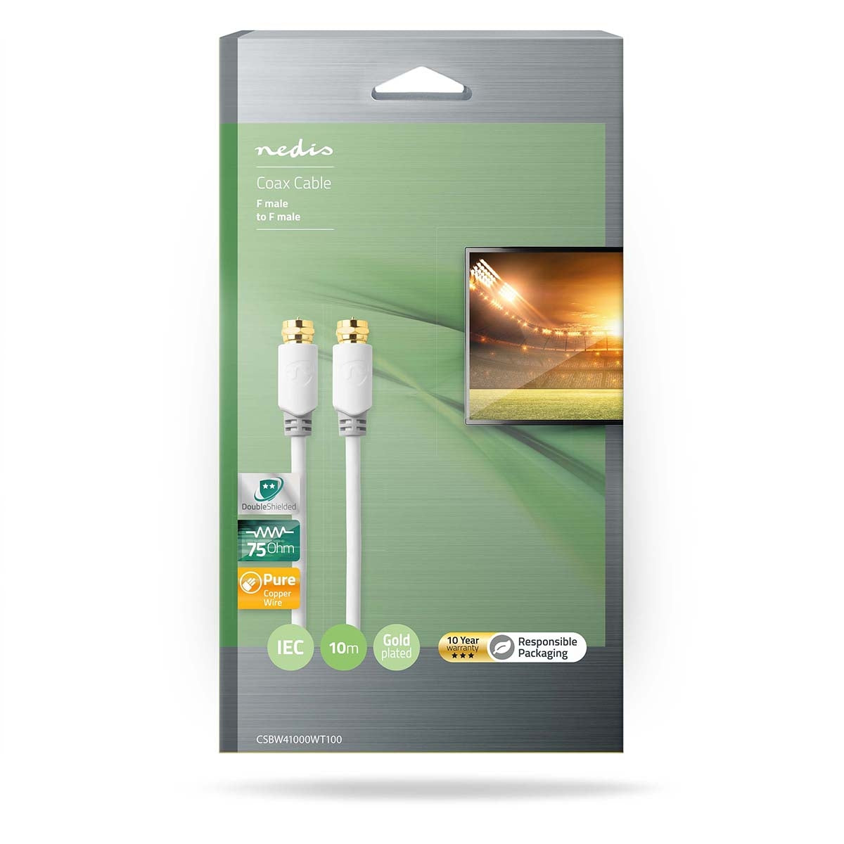 Satellite & Antenna cable | F Male | F Male | Gold Plated | 75 Ohm | Single shell protection | 10.0 m | Round | PVC | White | Cardboard box with window