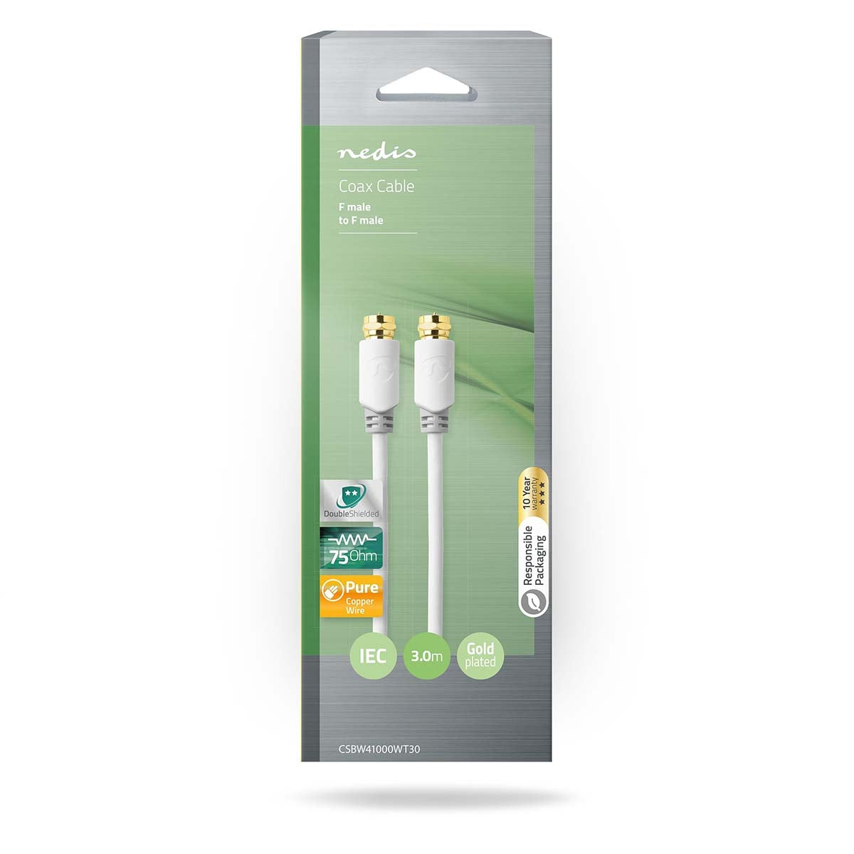 Satellite & Antenna cable | F Male | F Male | Gold Plated | 75 Ohm | Single shell protection | 2.00 m | Round | PVC | White | Box