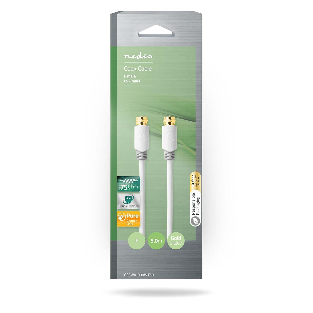 Satellite & Antenna cable | F Male | F Male | Gold Plated | 75 Ohm | Single shell protection | 5.00 m | Round | PVC | White | Cardboard box with window