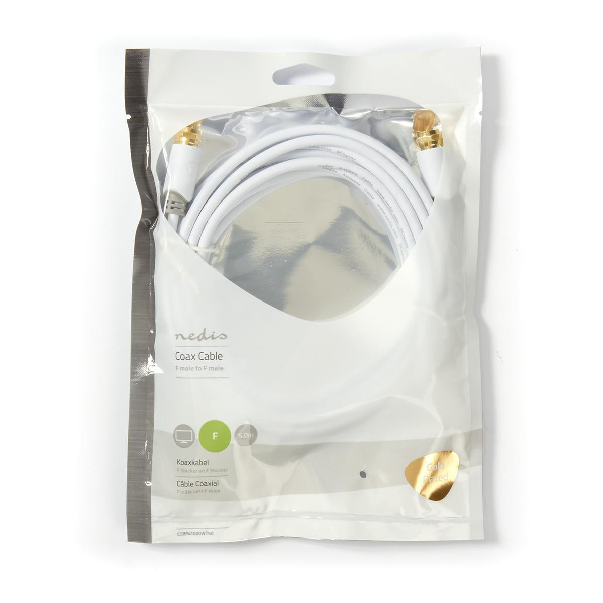 Satellite & Antenna cable | F Male | F Male | Gold Plated | 75 Ohm | Single shell protection | 5.00 m | Round | PVC | White | Plastic bag