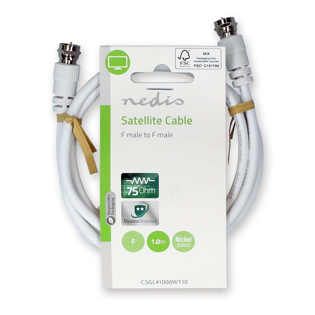 Satellite & Antenna cable | F Male | F Male | Nickel Plated | 75 Ohm | Double Shielded | 1.00 m | Round | PVC | White | Label
