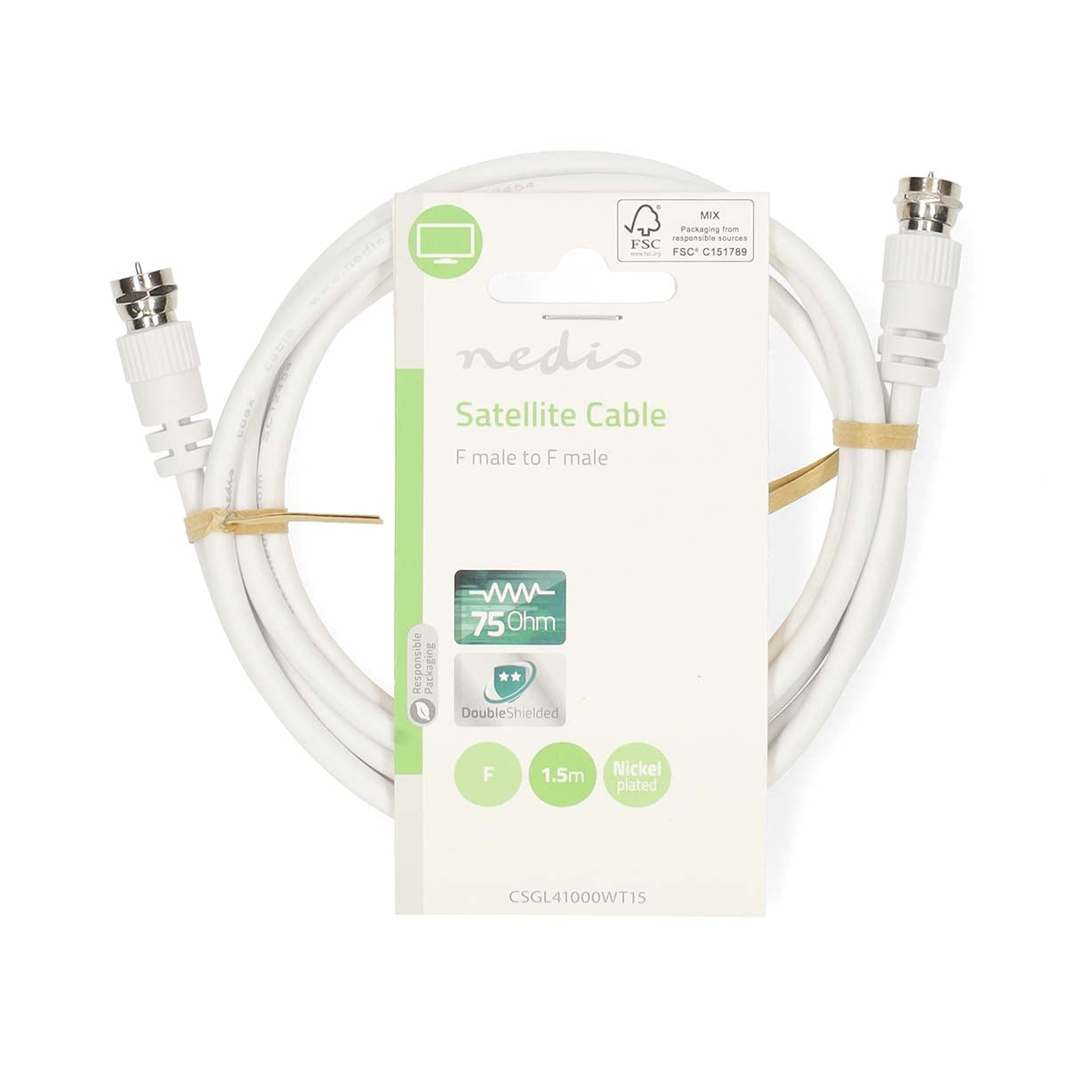 Satellite & Antenna cable | F Male | F Male | Nickel Plated | 75 Ohm | Double Shielded | 1.50 m | Round | PVC | White | Label
