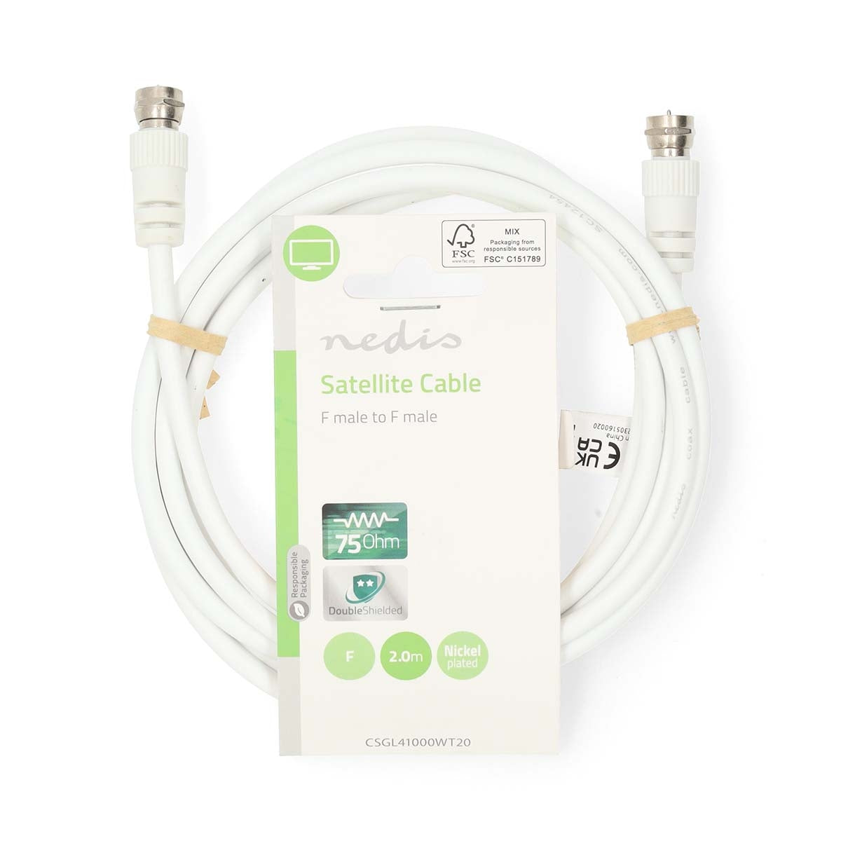 Satellite & Antenna cable | F Male | F Male | Nickel Plated | 75 Ohm | Double Shielded | 2.00 m | Round | PVC | White | Label