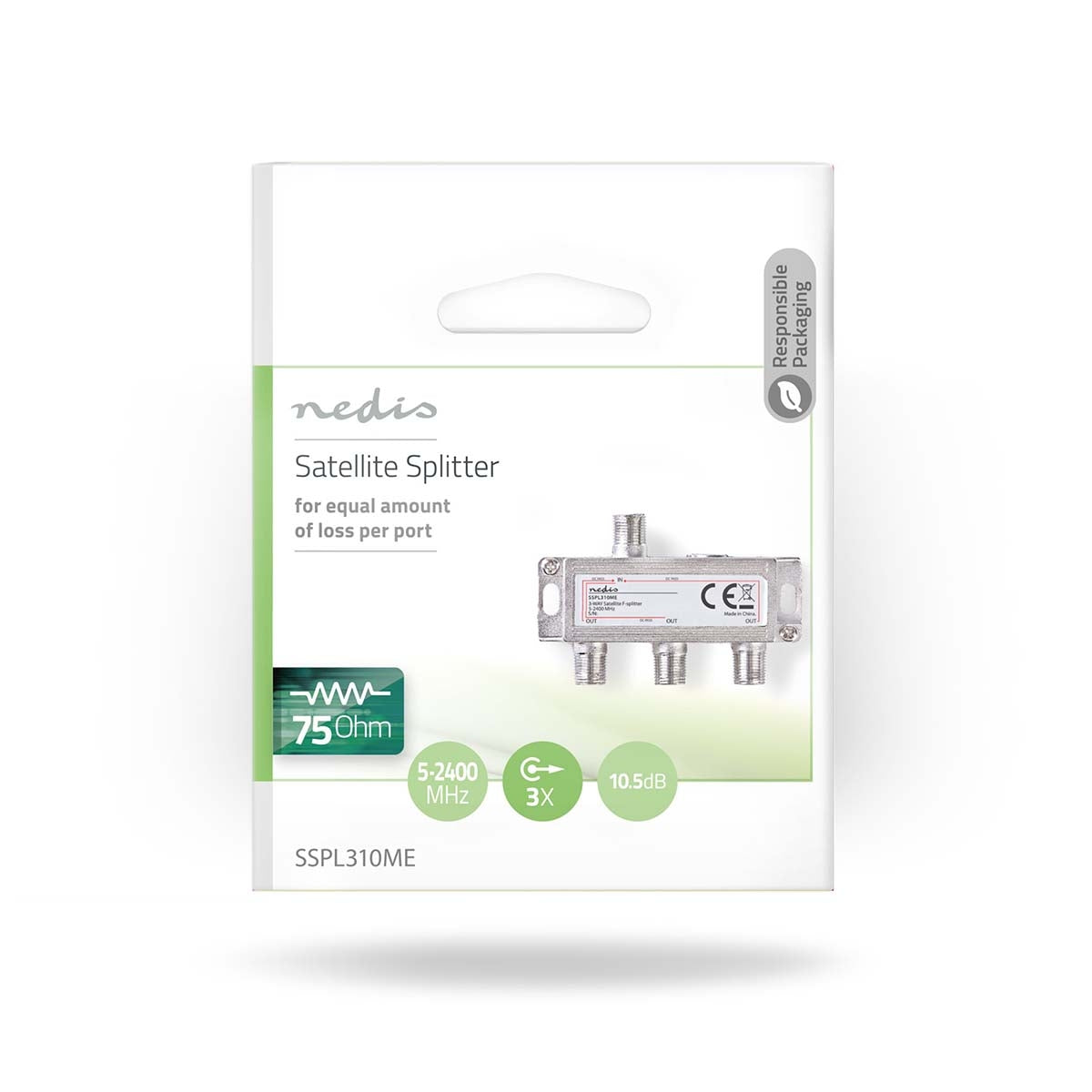 Satellite Splitter | 5 - 2400 MHz | 10.5 dB| Number of inputs: 1 | Number of outputs: 3 | Impedance: 75 Ohm | Zinc | Silver