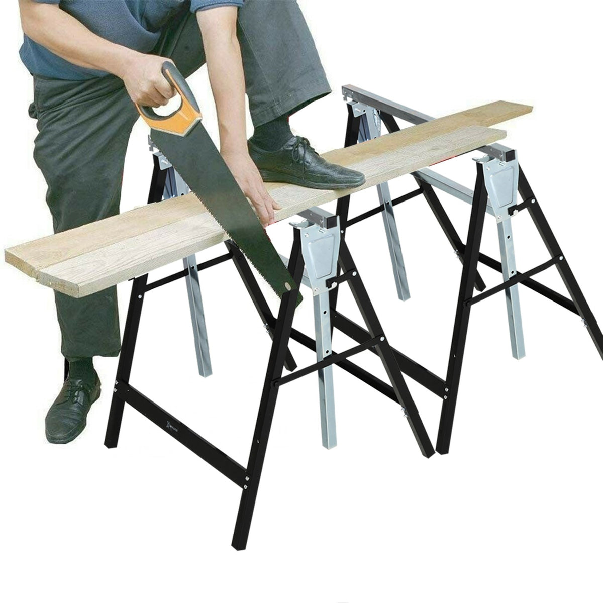 Sawhorse Height-Adjustable, Foldable, Metal, Black, 68X56X80-130Cm, Load Capacity Up To 200Kg