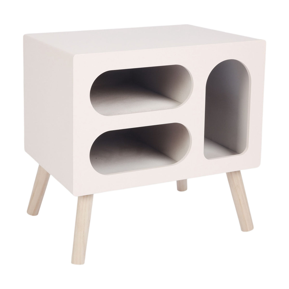 Scandinavian Bedside Table, White Pine, 3 Oval Shelves