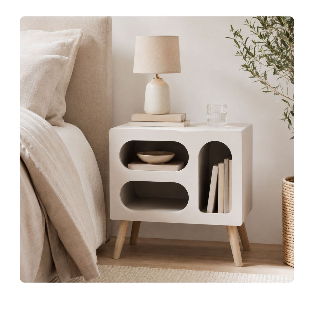 Scandinavian Bedside Table, White Pine, 3 Oval Shelves
