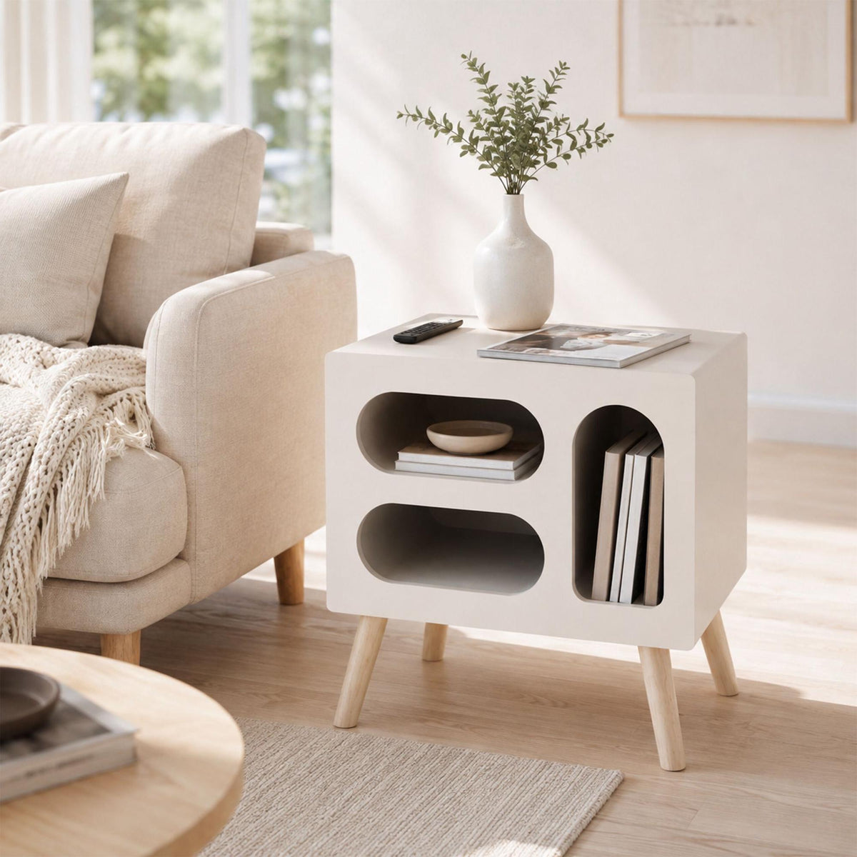 Scandinavian Bedside Table, White Pine, 3 Oval Shelves