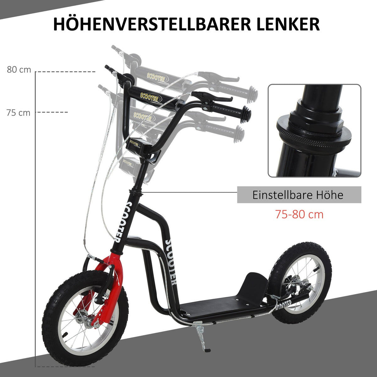Scooter Children'S Scooter City Scooter From 5 Years Kickboard With Pneumatic Tires 12 Inch From 5 Years Black 120 X 58 X 75-80 Cm