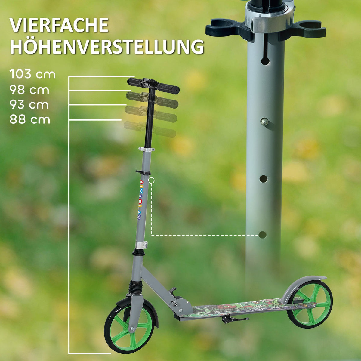 Scooter Children's Foldable Children's Scooter with Adjustable Handlebar Height, 2 Large Wheels, Rear Mudguard Brake, Kick Scooter for Children from 6-12 Years Green