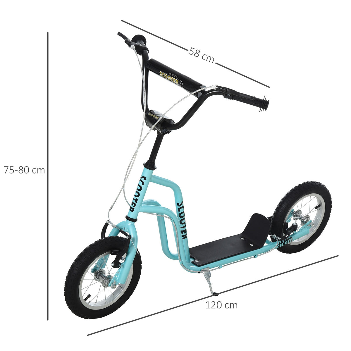 Scooter Kick Scooter Children'S Scooter City Scooter Kickboard With Pneumatic Tires 12 Inch, From 5 Years, Blue, 120X58X75-80Cm
