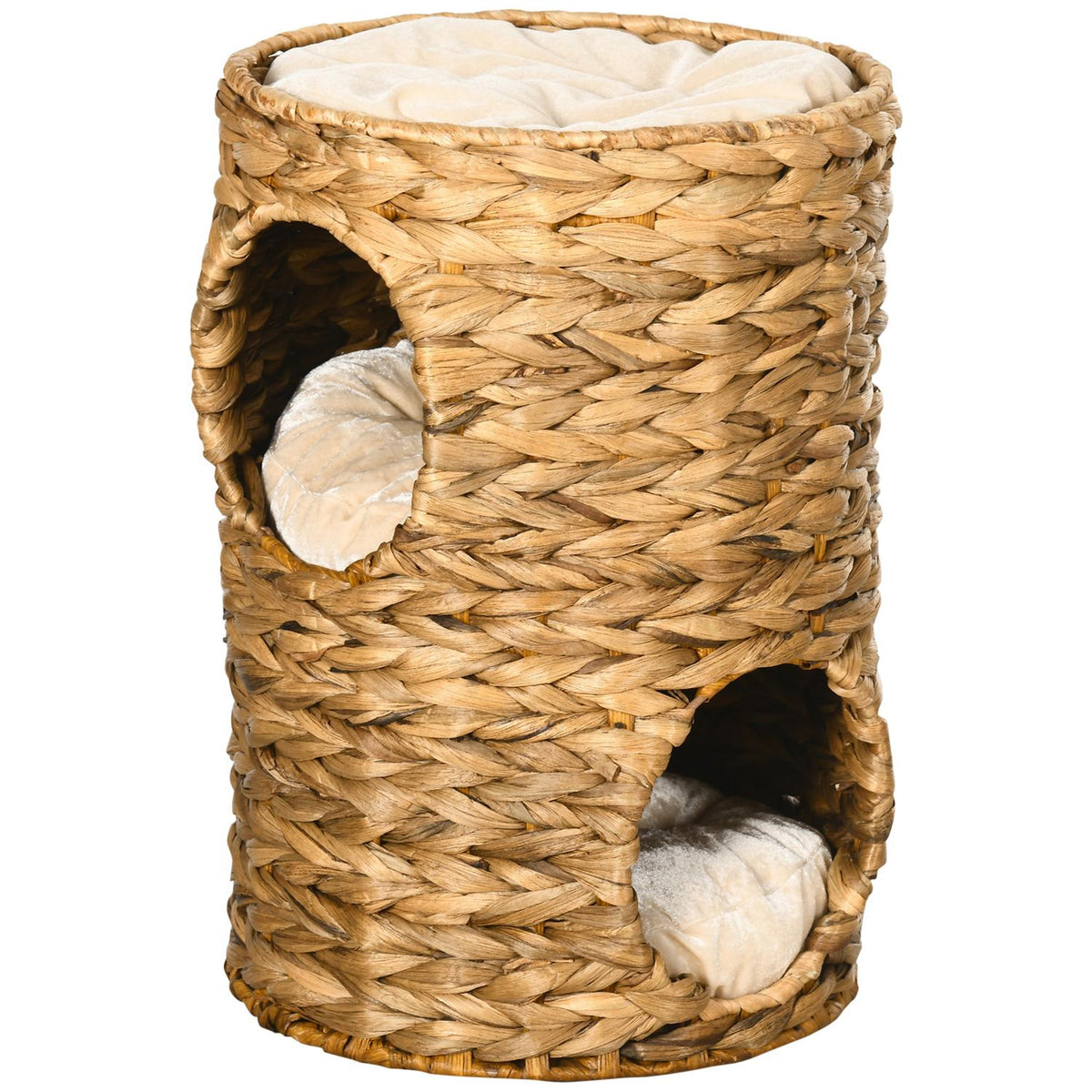 Scratching Barrel 47 Cm With 2 Levels Cat Tower With Cushion, Made Of Water Hyacinth & Steel, Light Brown
