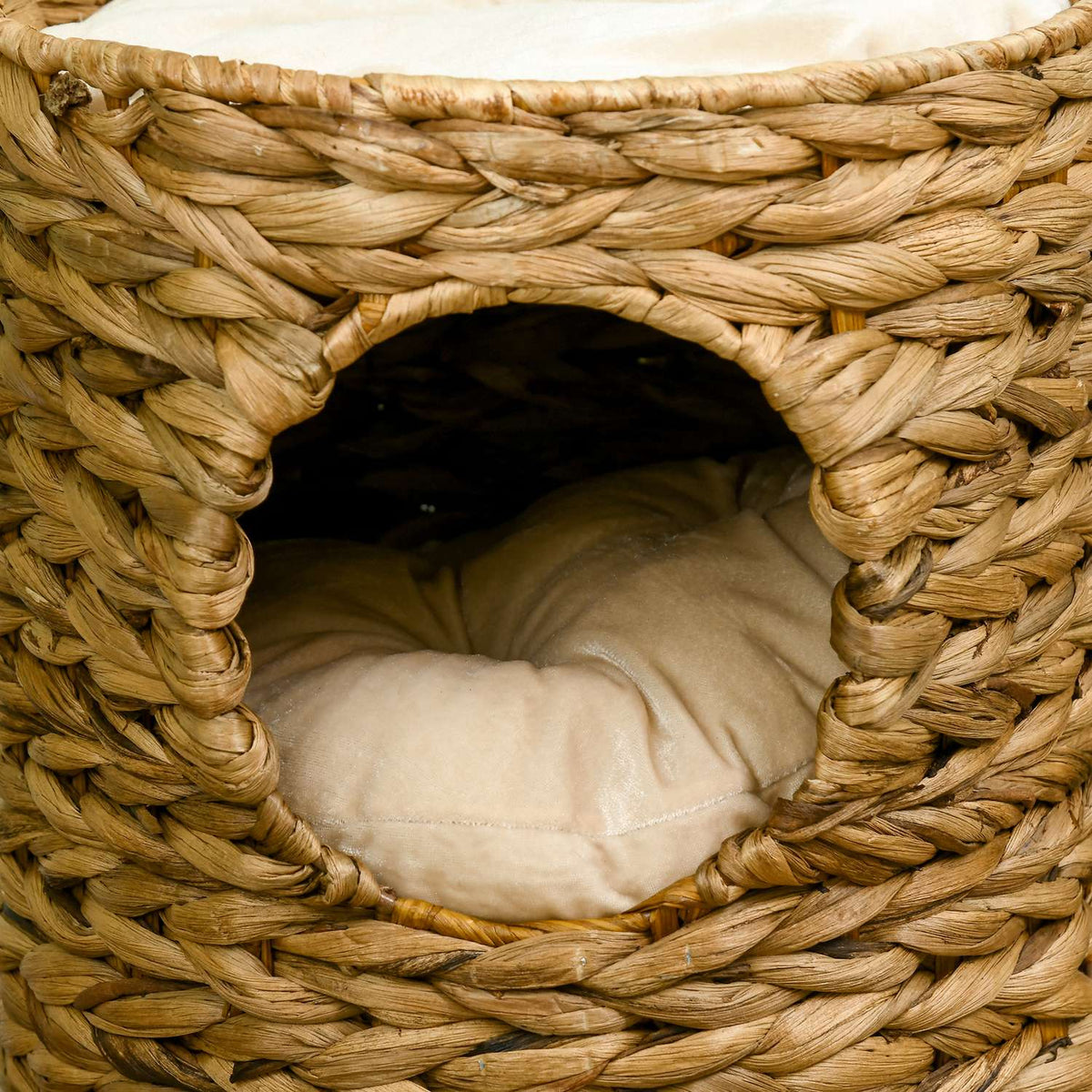 Scratching Barrel 47 Cm With 2 Levels Cat Tower With Cushion, Made Of Water Hyacinth & Steel, Light Brown