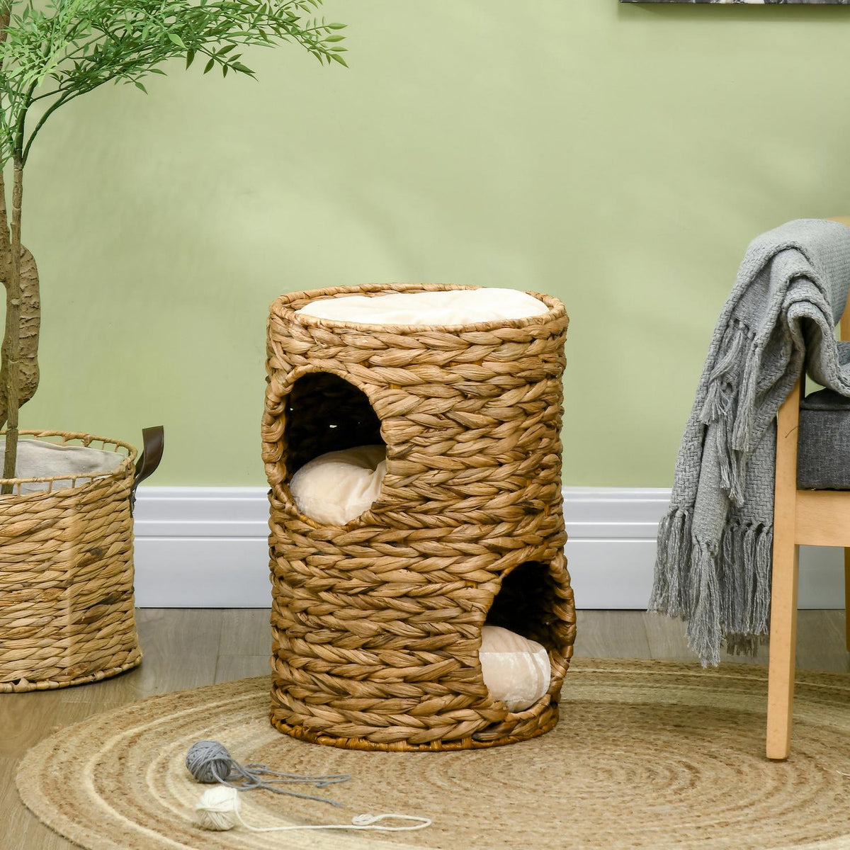 Scratching Barrel 47 Cm With 2 Levels Cat Tower With Cushion, Made Of Water Hyacinth & Steel, Light Brown