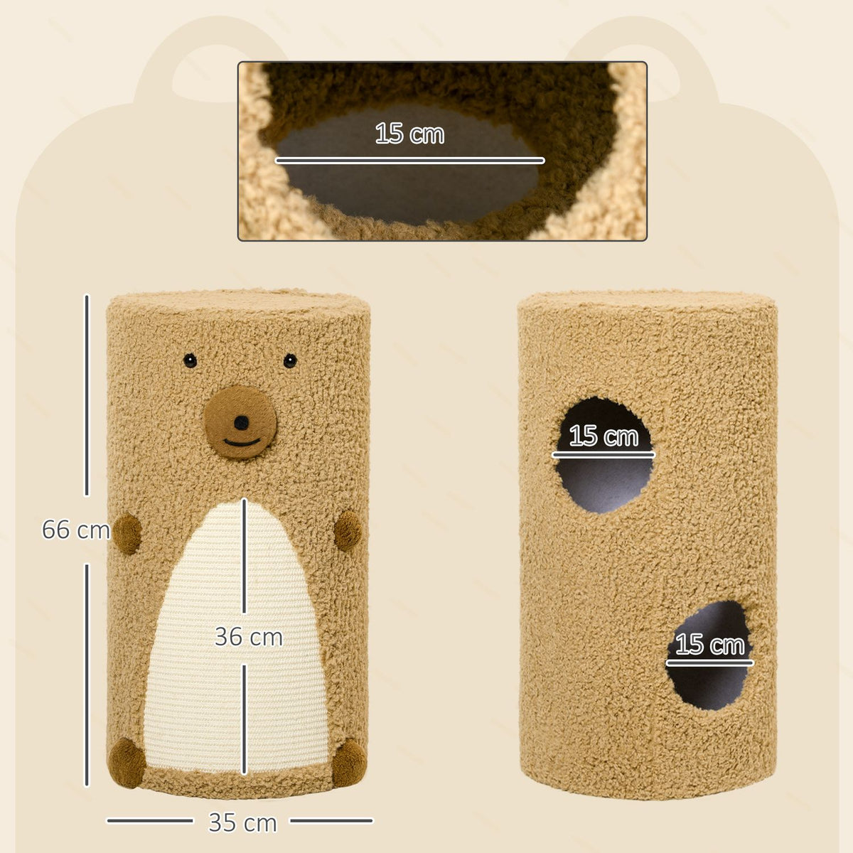 Scratching Barrel 66Cm Play And Scratching Tower With 2 Levels, Scratching Board, 2 Caves, Cat Scratching Post In Bear Design In Light Brown