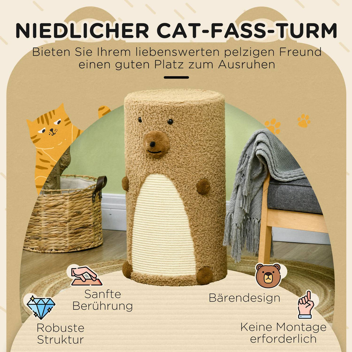 Scratching Barrel 66Cm Play And Scratching Tower With 2 Levels, Scratching Board, 2 Caves, Cat Scratching Post In Bear Design In Light Brown