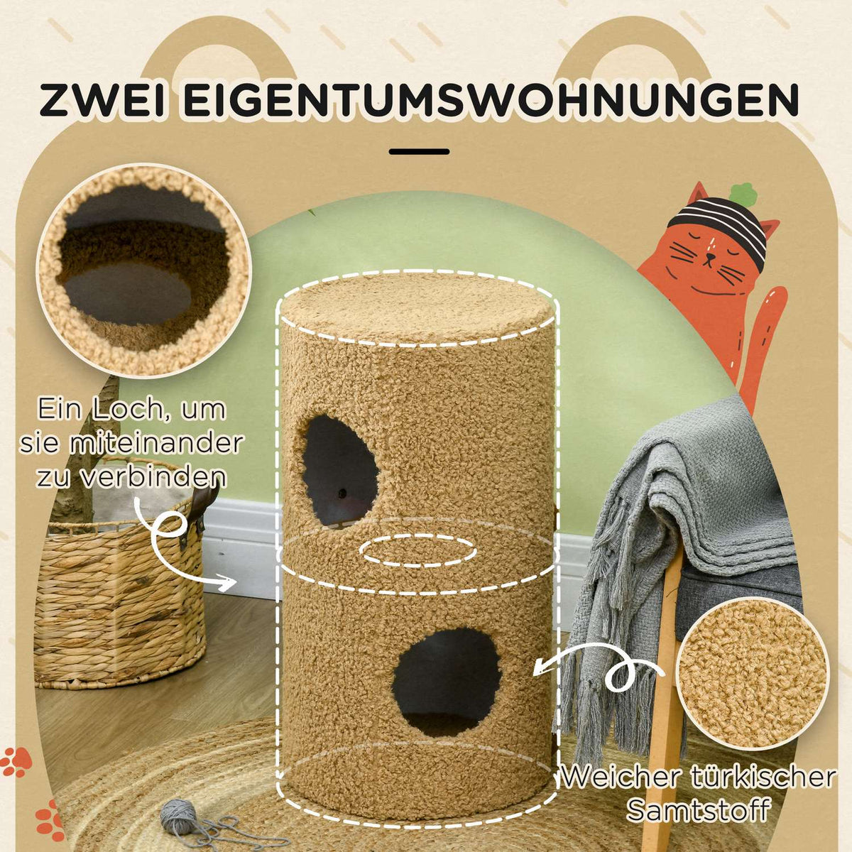 Scratching Barrel 66Cm Play And Scratching Tower With 2 Levels, Scratching Board, 2 Caves, Cat Scratching Post In Bear Design In Light Brown