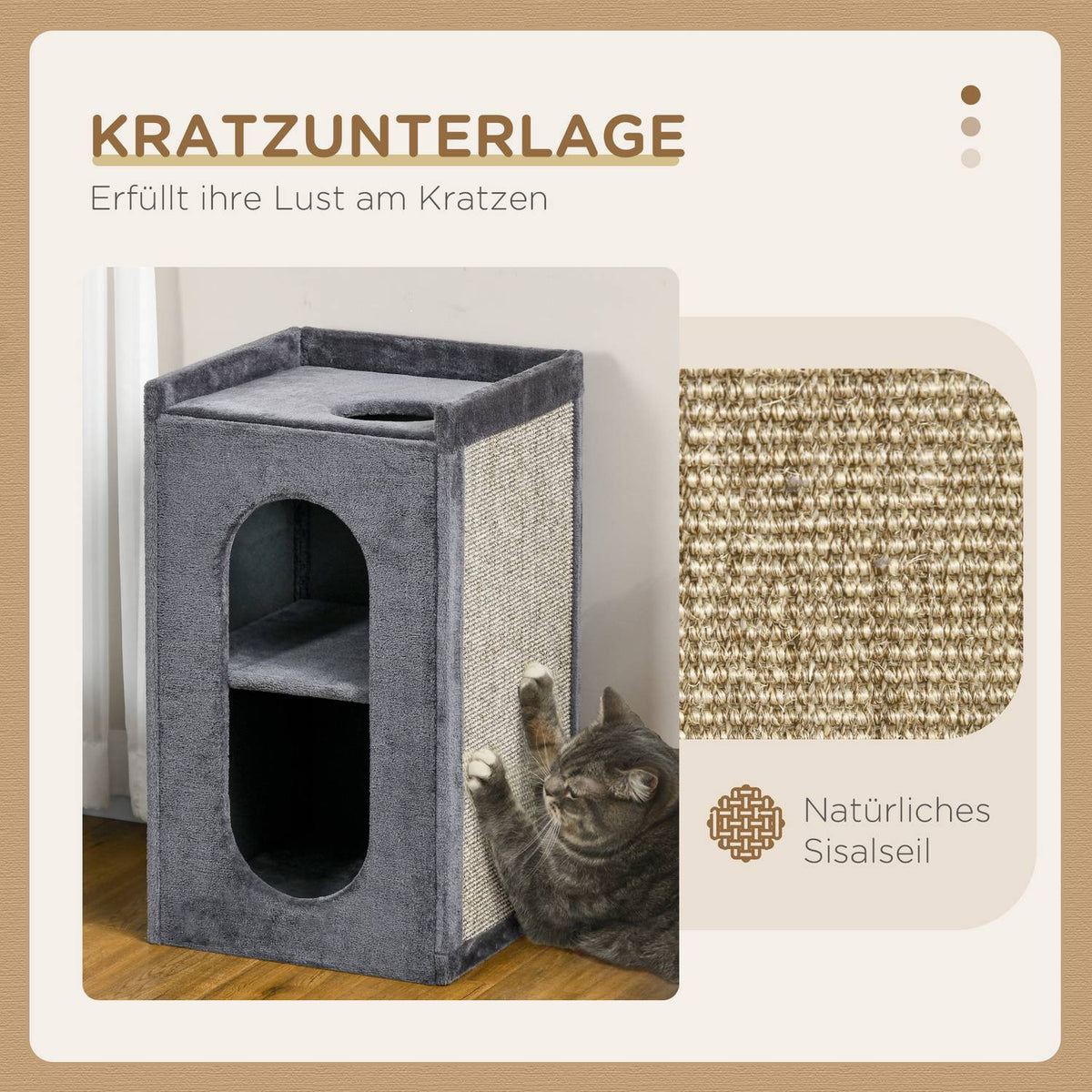 Scratching Barrel 81Cm Robust Cat Scratching Post With 2 Caves, Scratching Tower, 2 Levels For Cats Up To 6Kg In Dark Gray