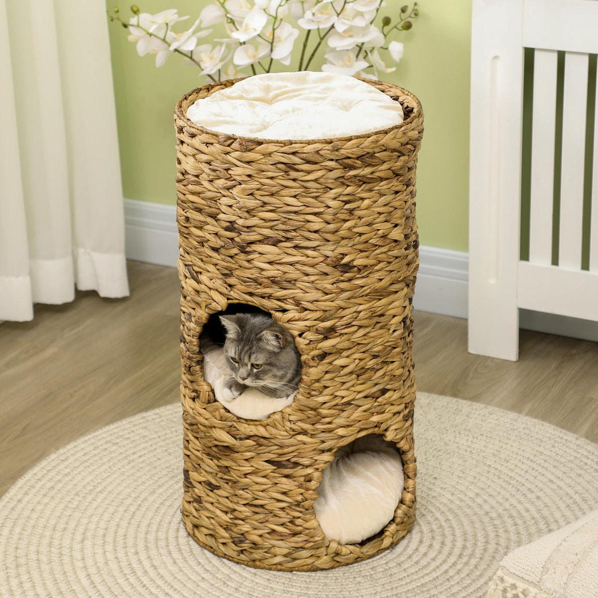 Scratching Barrel Cat Tower 73Cm 3-Level Cushion Water Hyacinth Steel Light Brown