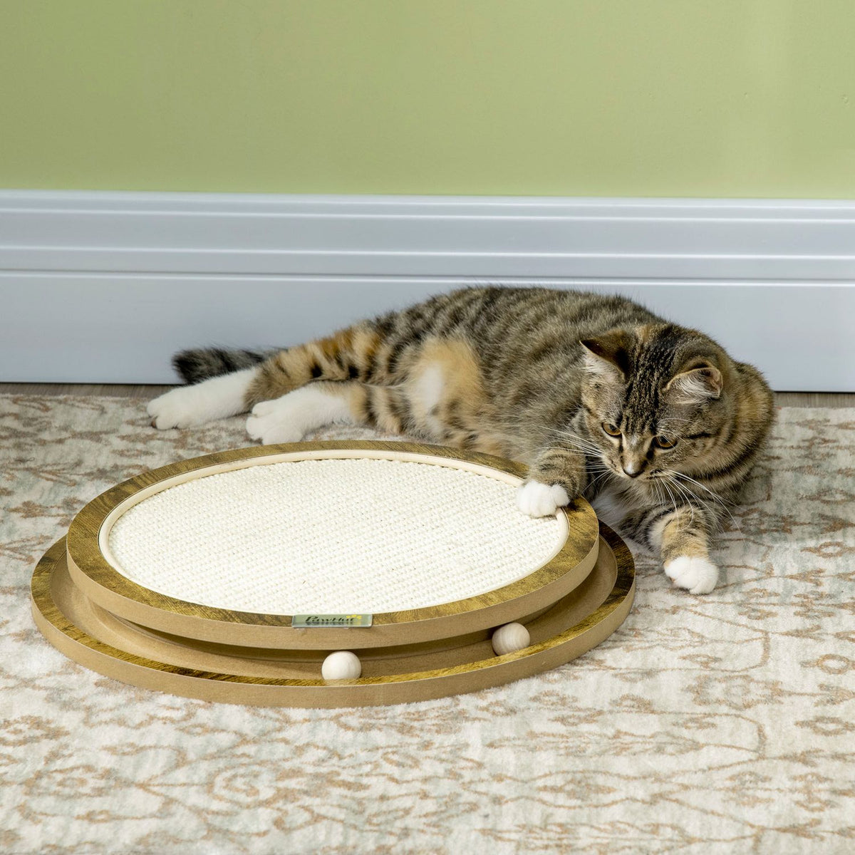 Scratching Board Cat Playground With Double-Layer Design & Play Ball, Brown + Cream White, Ø40X4.5 Cm