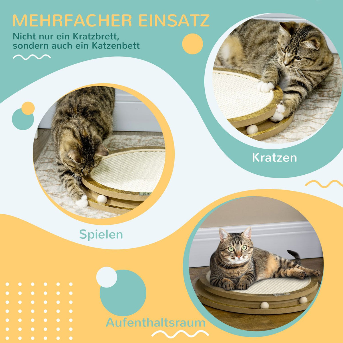 Scratching Board Cat Playground With Double-Layer Design & Play Ball, Brown + Cream White, Ø40X4.5 Cm