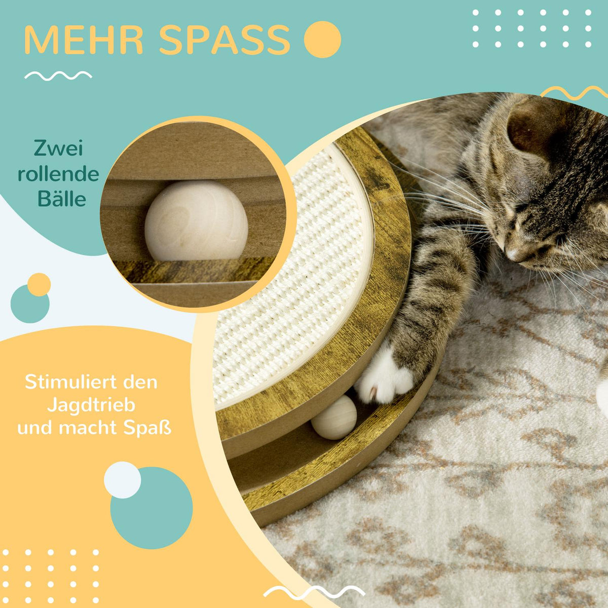 Scratching Board Cat Playground With Double-Layer Design & Play Ball, Brown + Cream White, Ø40X4.5 Cm